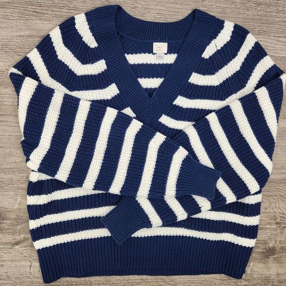 Navy Stripe Sweater VNeck Pullover Cable  Size L oversized - Picture 6 of 12